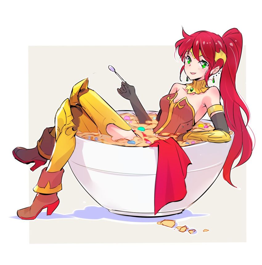 1girl armlet armor black_gloves boots breastplate cereal corset elbow_gloves forehead_protector gloves gorget greaves green_eyes high_heel_boots high_heels highres iesupa leg_armor long_hair ponytail pyrrha_nikos redhead rwby sarong solo vambraces