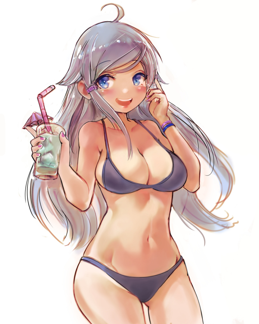1girl ahoge ass_visible_through_thighs bangs bare_shoulders bikini blue_eyes blush breasts cocktail_umbrella collarbone cowboy_shot cup drinking_straw eyebrows_visible_through_hair hair_flaps hands_up highres holding holding_cup imouto_sae_ireba_ii kani_nayuta large_breasts long_hair looking_at_viewer navel open_mouth orobou round_teeth silver_hair simple_background swept_bangs swimsuit teeth upper_teeth white_background wristband