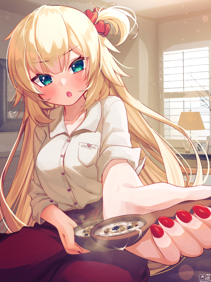 1girl :o akai_haato aqua_eyes bangs blonde_hair blush bowl breasts collared_shirt commentary_request eyebrows_visible_through_hair fingernails foreshortening hair_ornament heart heart_hair_ornament highres holding holding_bowl holding_spoon hololive indoors long_hair long_sleeves looking_at_viewer magowasabi medium_breasts nail_polish one_side_up outstretched_arm pants porridge red_nails red_pants shirt signature sitting solo spoon twitter_username very_long_hair virtual_youtuber white_shirt window