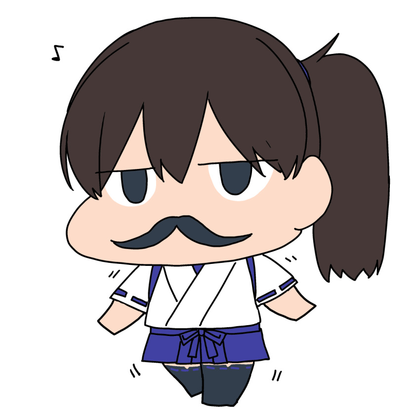 1girl black_eyes black_legwear blue_hakama brown_hair chibi commentary_request cowboy_shot dancing fake_facial_hair fake_mustache hakama hakama_skirt highres japanese_clothes kaga_(kancolle) kantai_collection long_hair looking_at_viewer masukuza_j muneate side_ponytail simple_background solo tasuki thigh-highs white_background