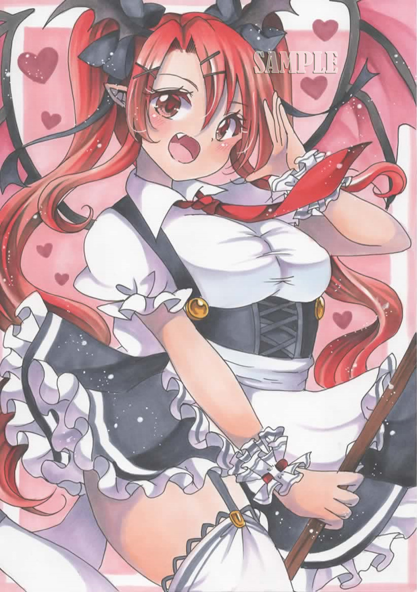 1girl :d bangs black_bow black_skirt blush border bow breasts broom brown_eyes collared_shirt commentary_request corset cowboy_shot fang feet_out_of_frame frills garter_straps hair_between_eyes hair_bow hair_ornament hairpin hand_up head_wings heart heart_background highres holding holding_broom koakuma long_hair looking_at_viewer maccha_xxxxxx marker_(medium) medium_breasts miniskirt necktie open_mouth parted_bangs petticoat pink_background puffy_short_sleeves puffy_sleeves red_neckwear redhead shirt short_sleeves sidelocks simple_background skirt smile solo thigh-highs touhou traditional_media twintails very_long_hair white_border white_legwear white_shirt wing_collar wrist_cuffs x_hair_ornament