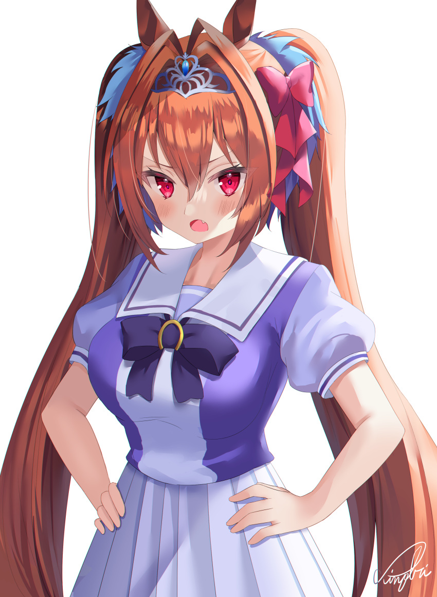 1girl absurdres animal_ears bangs black_bow blush bow breasts brown_hair commentary_request daiwa_scarlet eyebrows_visible_through_hair fang hair_between_eyes hair_bow hair_intakes hands_on_hips highres horse_ears large_breasts long_hair looking_at_viewer open_mouth pleated_skirt puffy_short_sleeves puffy_sleeves purple_shirt red_bow red_eyes shirt short_sleeves signature simple_background sinobi_illust skirt solo tiara twintails umamusume v-shaped_eyebrows very_long_hair white_background white_skirt