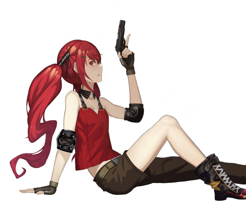 1girl asymmetrical_pants bangs belt boots brown_gloves brown_pants cero_(last2stage) cz-75 cz-75_(girls_frontline) eyebrows_visible_through_hair fingerless_gloves girls_frontline gloves gun hair_ornament hand_on_floor handgun highres holding holding_gun holding_weapon long_hair pants red_eyes red_shirt redhead shirt sitting sitting_on_floor solo weapon white_background