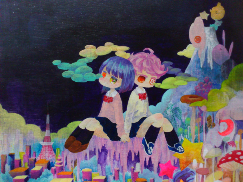 2girls abstract acrylic_paint_(medium) bangs black_legwear black_skirt black_sky blue_footwear blue_hair bow bowtie brown_footwear highres long_sleeves mountain multiple_girls mushroom onakayowasugiwarota original outdoors pink_hair red_eyes red_neckwear skirt socks surreal traditional_media