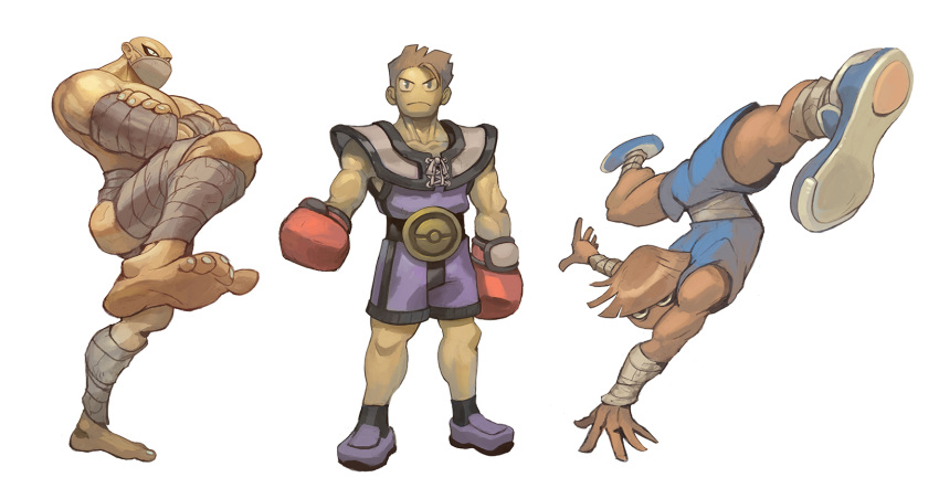 3boys arm_wrap bald barefoot black_legwear blue_footwear boxing_gloves brown_hair closed_mouth commentary crossed_arms fingernails garrett_hanna gen_1_pokemon gen_2_pokemon highres hitmonchan hitmonlee hitmontop humanization leg_wrap looking_at_viewer male_focus mask mouth_mask multiple_boys muscular muscular_male pokemon purple_footwear shoes short_hair socks soles standing toes