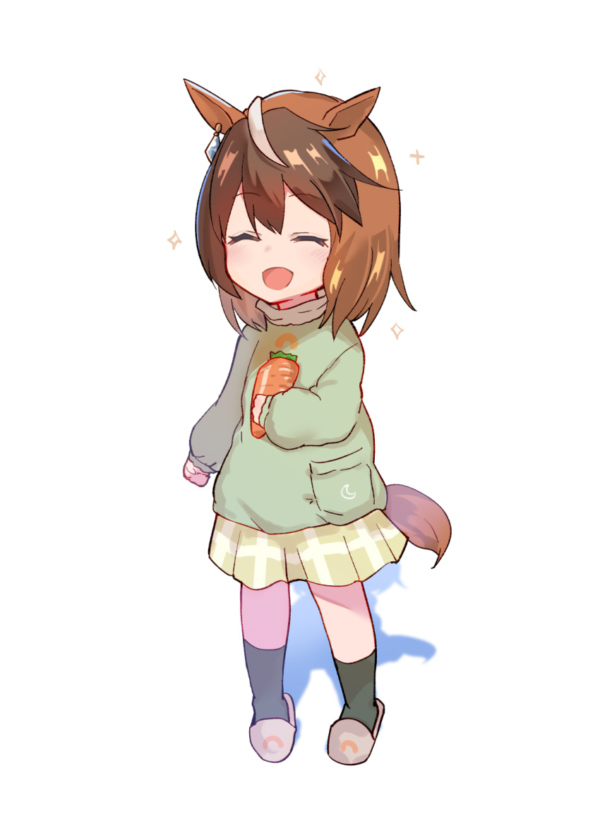 1girl animal_ears arito_arayuru bangs brown_hair child closed_eyes commentary_request earrings eyebrows_visible_through_hair full_body highres holding_carrot horse_ears horse_girl horse_tail jewelry long_sleeves looking_at_viewer medium_hair multicolored_hair open_mouth simple_background skirt slippers smile socks solo standing streaked_hair symboli_rudolf_(umamusume) tail umamusume white_background white_hair younger
