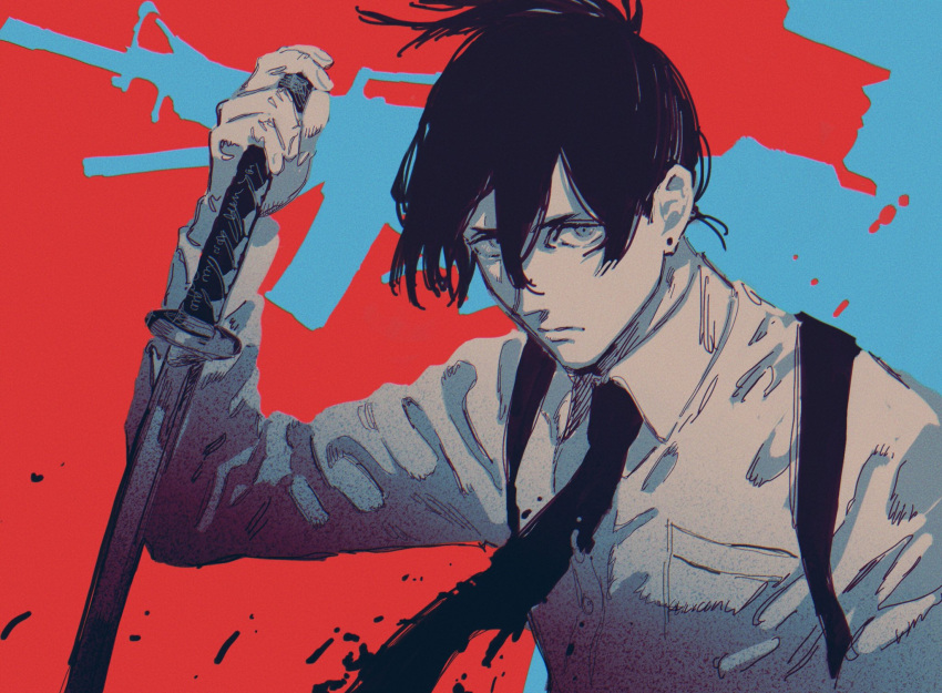 1boy arms_up black_hair chainsaw_man closed_mouth collared_shirt different_shadow dress_shirt earrings gun hair_between_eyes hayakawa_aki_(chainsaw_man) high_ponytail highres holding holding_weapon jewelry katana looking_at_viewer male_focus mosako necktie partially_colored ponytail red_background shadow shirt short_hair solo spoilers stud_earrings suspenders sword upper_body weapon white_shirt