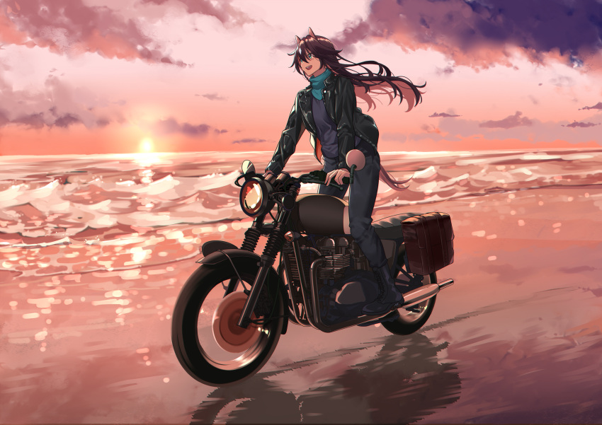 1girl :d absurdres alternate_costume arknights beach blue_eyes blue_shirt brown_hair casual clouds floating_hair ground_vehicle highres meteor_(arknights) motor_vehicle motorcycle open_mouth outdoors pants riding shijie_jianfa shirt smile solo sunset