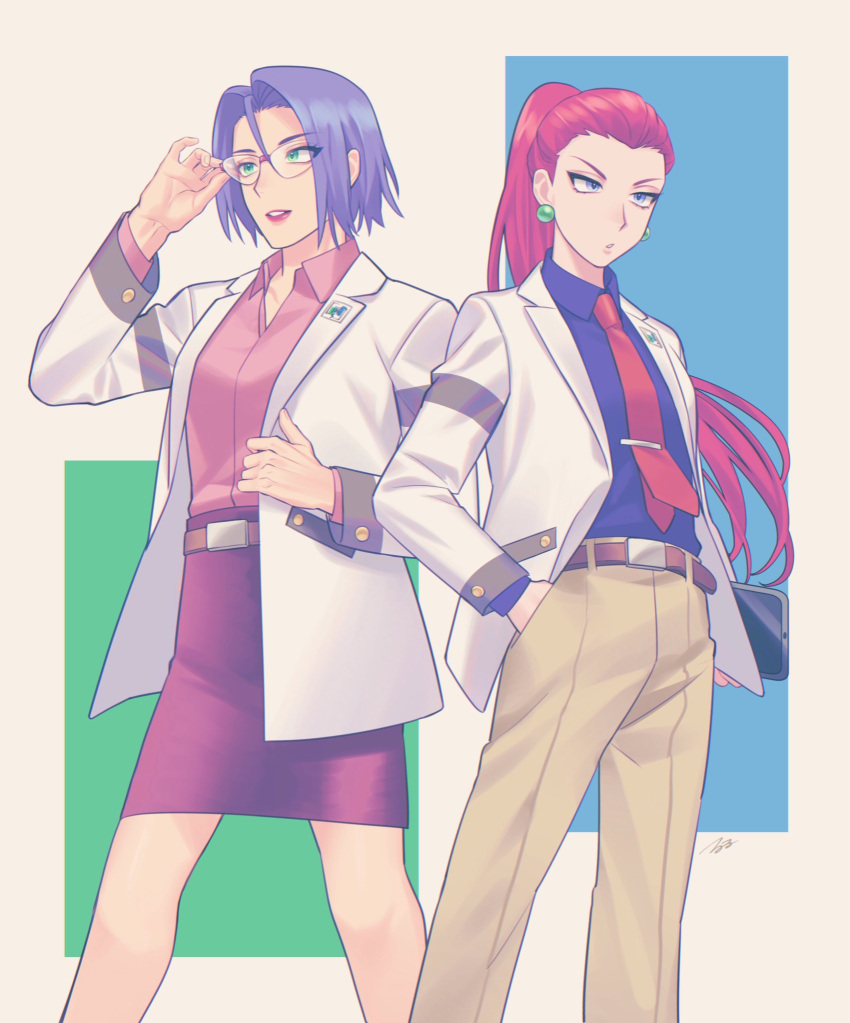 1boy 1girl bangs blue_eyes buttons collared_shirt commentary_request crossdressinging earrings eyelashes glasses green_eyes hand_in_pocket highres jacket james_(pokemon) jessie_(pokemon) jewelry lipstick long_hair long_sleeves makeup necktie open_clothes open_jacket pants parted_lips pink_shirt pokemon pokemon_(anime) purple_hair purple_shirt purple_skirt ruru_(gi_xxy) shirt skirt tablet_pc team_rocket white_jacket
