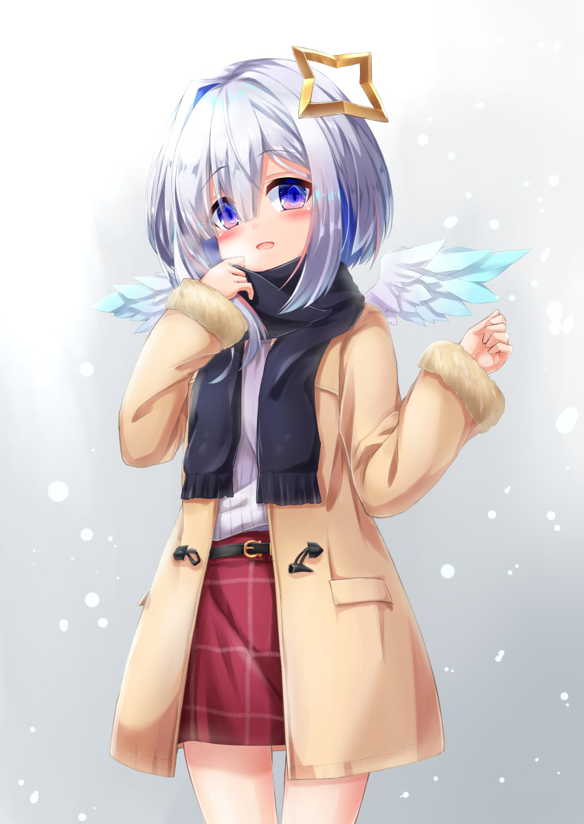 1girl :d absurdres alternate_costume amane_kanata angel angel_wings arm_up asymmetrical_bangs asymmetrical_hair bangs black_scarf blue_hair blue_wings blush bob_cut colored_inner_hair feathered_wings gradient gradient_eyes gradient_wings hair_over_one_eye halo highres hololive mini_wings miniskirt multicolored multicolored_eyes multicolored_hair multicolored_wings open_mouth pink_hair red_skirt ribbed_shirt scarf shirt short_hair silver_hair single_hair_intake skirt smile snowing solo star_halo streaked_hair trench_coat violet_eyes virtual_youtuber white_wings wings winter_clothes yukikawa_sara