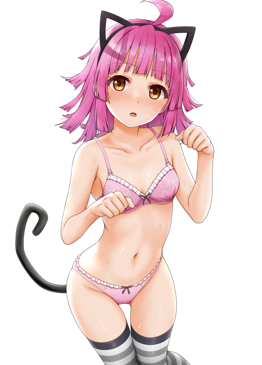 1girl absurdres ahoge animal_ears bangs bare_arms bare_shoulders blush bow bow_bra bow_panties bra breasts brown_eyes cat_ears cat_tail collarbone eyebrows_visible_through_hair fake_animal_ears feet_out_of_frame frilled_bra frilled_panties frills groin hands_up highres long_hair looking_at_viewer love_live! love_live!_nijigasaki_high_school_idol_club miel_(lessontome) navel nose_blush panties parted_lips paw_pose pink_bra pink_hair pink_panties simple_background small_breasts solo striped striped_legwear sweat tail tennouji_rina thigh-highs thigh_gap underwear underwear_only white_background