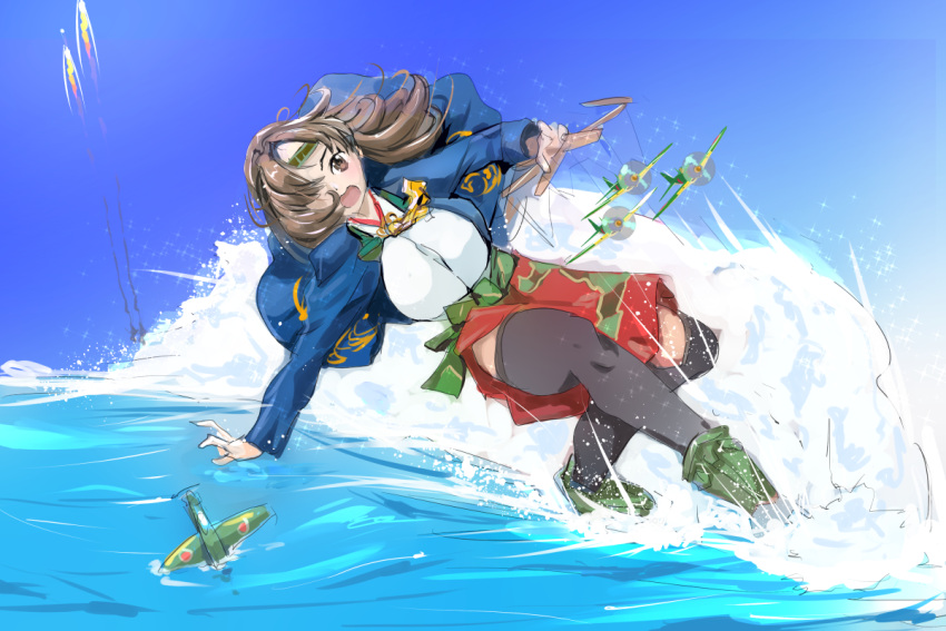 1girl aircraft airplane blouse blue_jacket blue_sky breasts brown_eyes brown_hair camouflage camouflage_skirt chiyoda_(kancolle) control_rod hakama_skirt headband jacket kantai_collection large_breasts medium_hair ocean rigging skirt sky thigh-highs water waves white_blouse