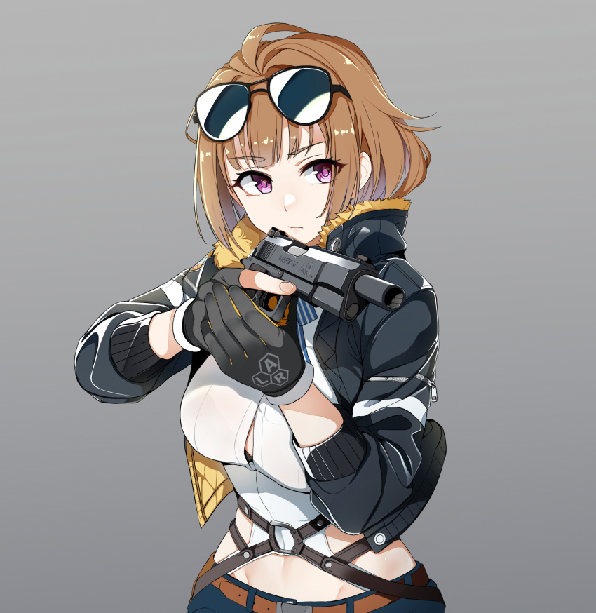 1girl aviator_sunglasses bangs black_jacket blue_neckwear bow bowtie breasts brown_hair closed_mouth dickbomber eyebrows_visible_through_hair eyewear_on_head girls_frontline gloves grey_background grizzly_mkv grizzly_mkv_(girls_frontline) gun handgun high_collar highres holding holding_gun holding_weapon jacket large_breasts midriff pistol shirt short_hair shorts simple_background solo sunglasses upper_body violet_eyes weapon white_shirt