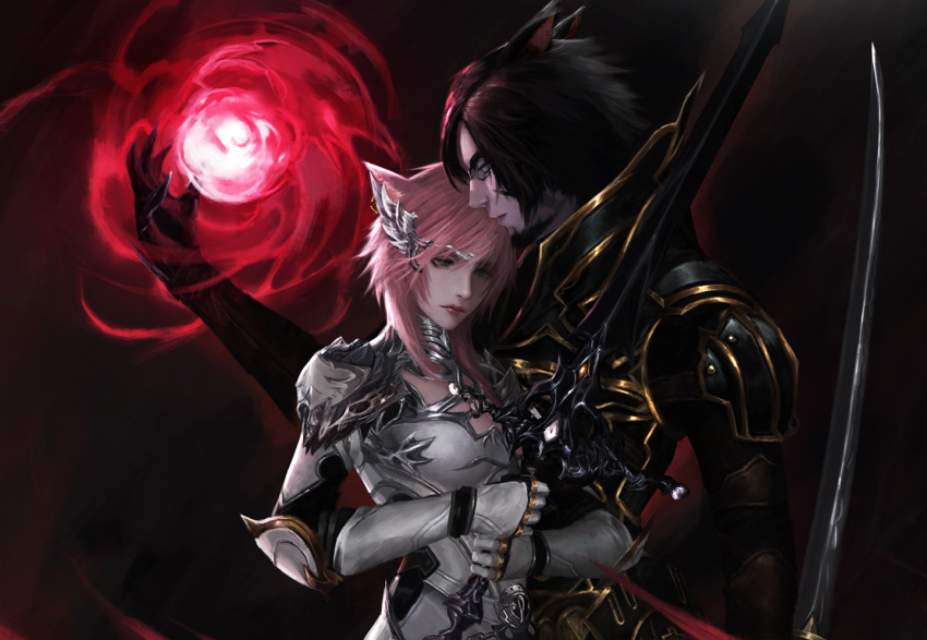 1boy 1girl animal_ears armor bangs black_hair breasts cat_ears circlet commission dark_background dark_knight_(final_fantasy) earrings facial_hair facial_mark final_fantasy final_fantasy_xiv gauntlets green_eyes holding holding_sword holding_weapon jewelry lips medium_breasts medium_hair miqo'te pink_hair second-party_source short_hair sword viet_le_quoc weapon
