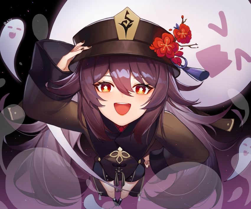 1girl arm_up ayu_(ayuyu0924) black_nails brown_hair flower genshin_impact ghost half-closed_eyes hand_on_headwear hand_on_hip hat highres hu_tao long_hair long_sleeves looking_at_viewer nail_polish open_mouth red_eyes shorts standing symbol-shaped_pupils twintails very_long_hair