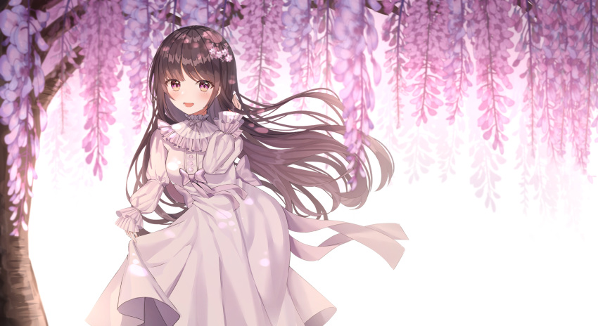 1girl :d auro_drm bangs blush breasts brown_eyes brown_hair cherry_blossoms dress eyebrows_visible_through_hair flower frilled_dress frills hair_flower hair_ornament hand_in_hair hand_up highres light_rays long_hair long_sleeves looking_at_viewer medium_breasts open_mouth original outdoors skirt_hold smile solo standing sunbeam sunlight tree very_long_hair white_background white_dress wisteria