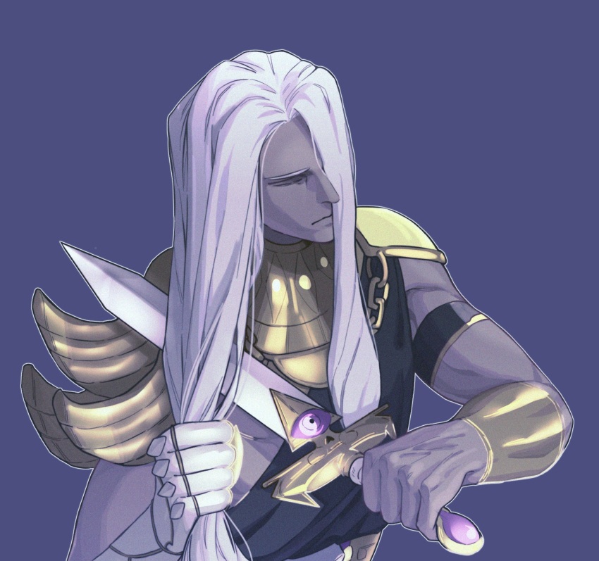 1boy alternate_hair_length alternate_hairstyle closed_eyes cutting_hair cutting_own_hair dark_skin dark_skinned_male gauntlets greek_clothes hades_(game) hair_over_one_eye highres juzhi_tangjiang long_hair male_focus purple_background single_gauntlet sword thanatos_(hades) upper_body weapon white_hair