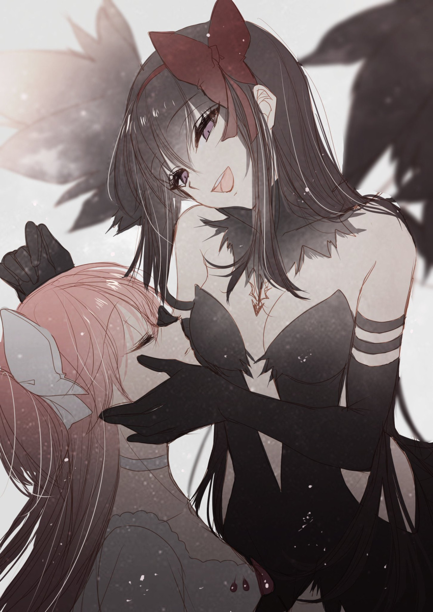 2girls akemi_homura akuma_homura bare_shoulders black_dress black_gloves black_hair bow choker detached_collar dress elbow_gloves feathered_wings fur_collar gloves goddess_madoka hair_bow highres holding_another's_head kaname_madoka light_particles long_hair mahou_shoujo_madoka_magica misteor multiple_girls open_mouth pink_hair plunging_neckline smile two_side_up white_background white_choker white_dress wings