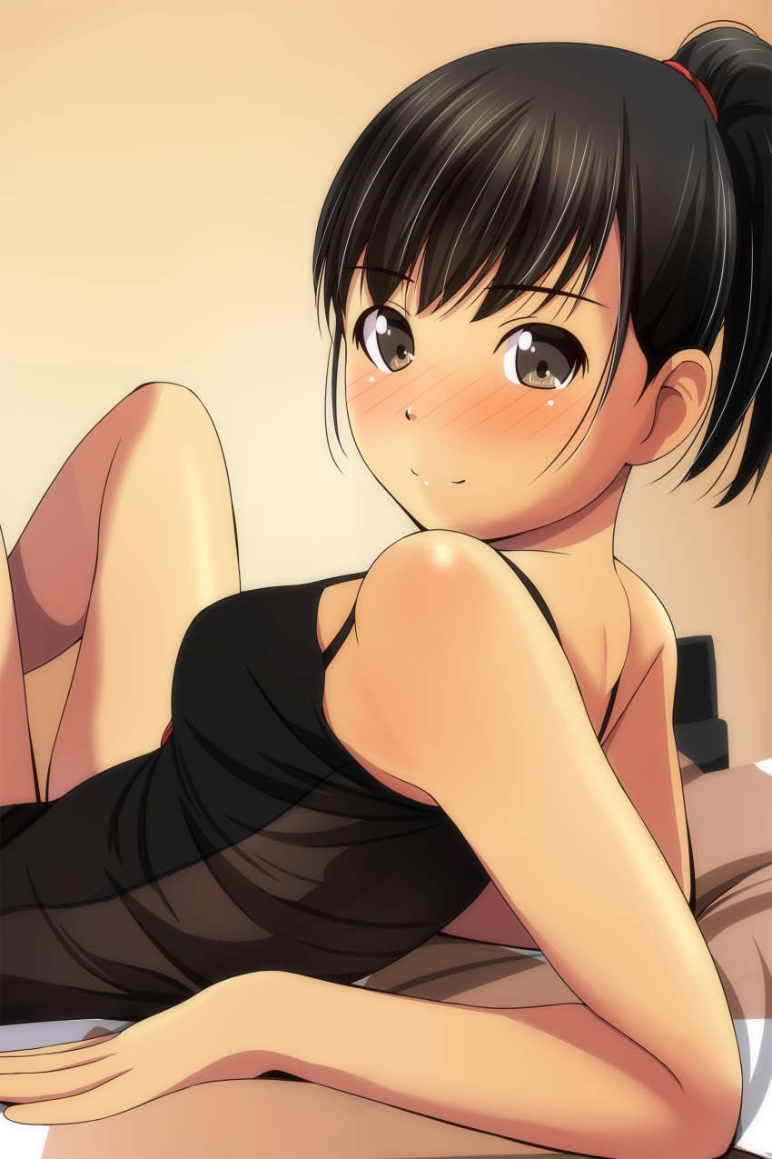1girl absurdres bangs bare_arms bare_shoulders black_camisole black_hair blush breasts brown_eyes camisole closed_mouth eyebrows_visible_through_hair feet_out_of_frame high_ponytail highres knees_up looking_at_viewer looking_to_the_side lying matsunaga_kouyou nose_blush on_back original ponytail small_breasts smile solo