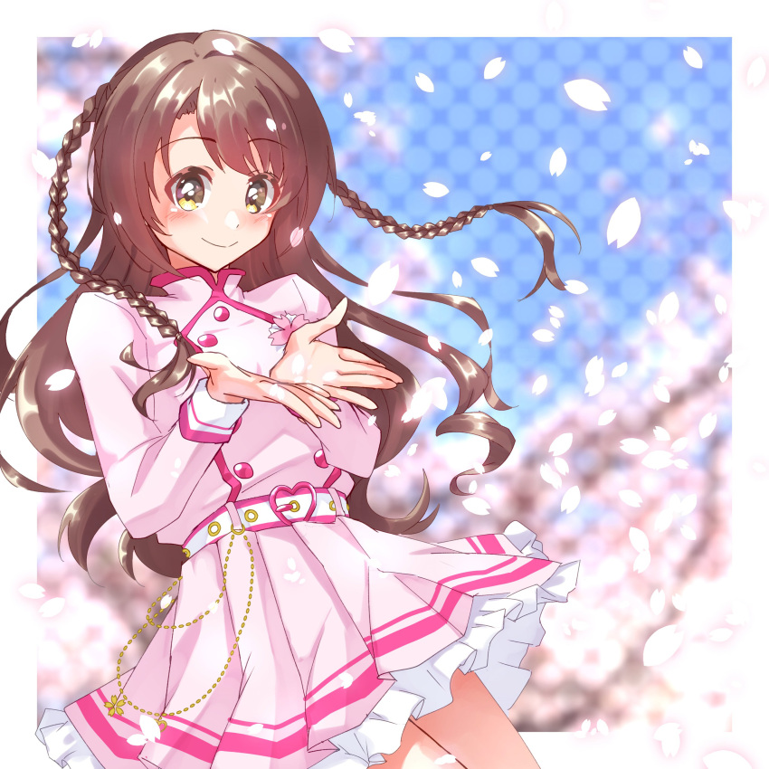 1girl absurdres bangs belt blurry blush braid brown_hair buttons cherry_blossoms depth_of_field dress eyebrows_visible_through_hair halftone halftone_background highres idolmaster idolmaster_cinderella_girls koriyukika032 lace-trimmed_skirt lace_trim long_hair long_sleeves pink_dress pleated_skirt shimamura_uzuki skirt smile solo