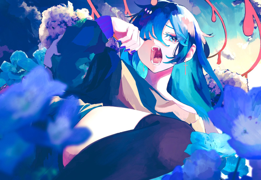 1girl bangs black_legwear blue_eyes blue_flower blue_hair blurry blurry_foreground cross cross_earrings depth_of_field earrings fangs flower hair_between_eyes hand_on_own_face highres jewelry long_hair long_sleeves looking_at_viewer nail_polish off-shoulder_shirt off_shoulder one_eye_closed open_mouth original over-kneehighs purple_nails rubbing_eyes shirt shorts sion001250 solo tearing_up thigh-highs yawning