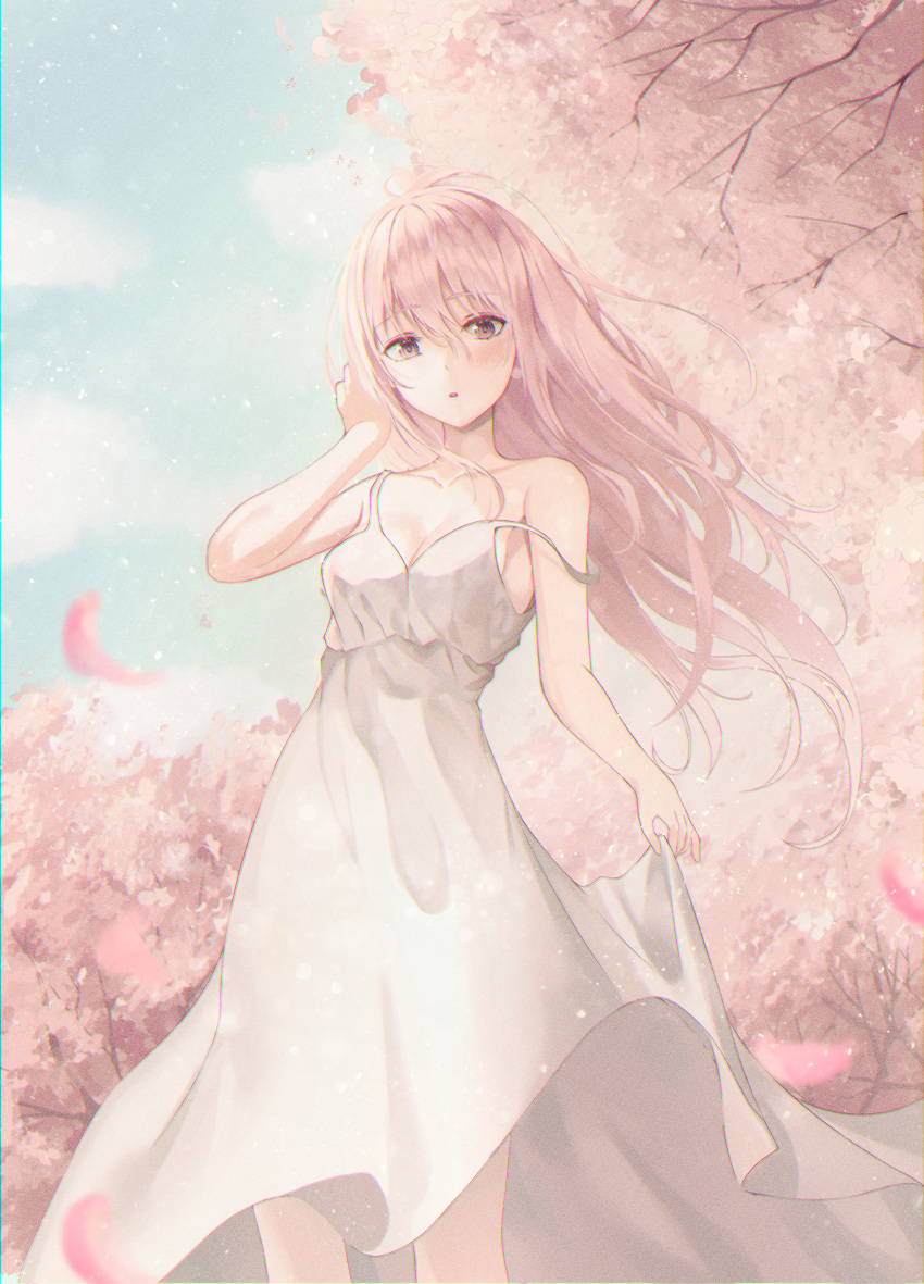 1girl absurdres bare_shoulders blue_sky blush brown_eyes cherry_blossoms clouds collarbone dress dress_lift flower highres huge_filesize long_hair looking_at_viewer muyang original parted_lips petals pink_hair sky solo standing sundress tree white_dress