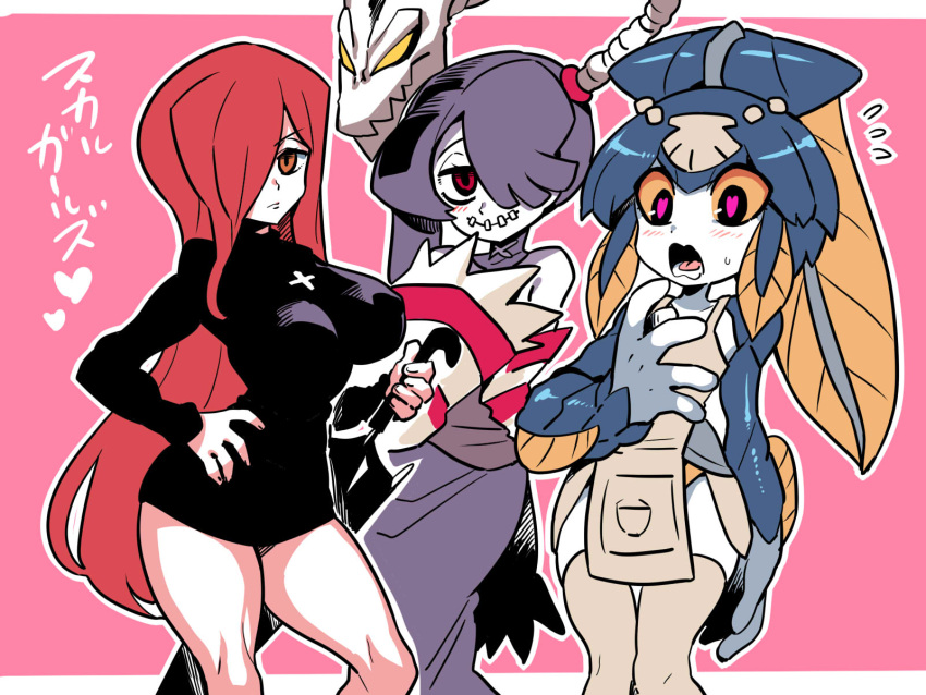 3girls apron bare_shoulders black_dress blue_hair blue_skin breasts closed_mouth colored_sclera colored_skin cross cross_necklace dress fish_girl flat_chest hair_ornament hair_over_one_eye highres jewelry large_breasts long_hair looking_at_viewer minette_(skullgirls) monster_girl multiple_girls necklace parasoul_(skullgirls) red_eyes redhead shell side_ponytail skirt skullgirls smile squigly_(skullgirls) stitched_mouth stitches thigh-highs tukiwani yellow_eyes yellow_sclera zombie