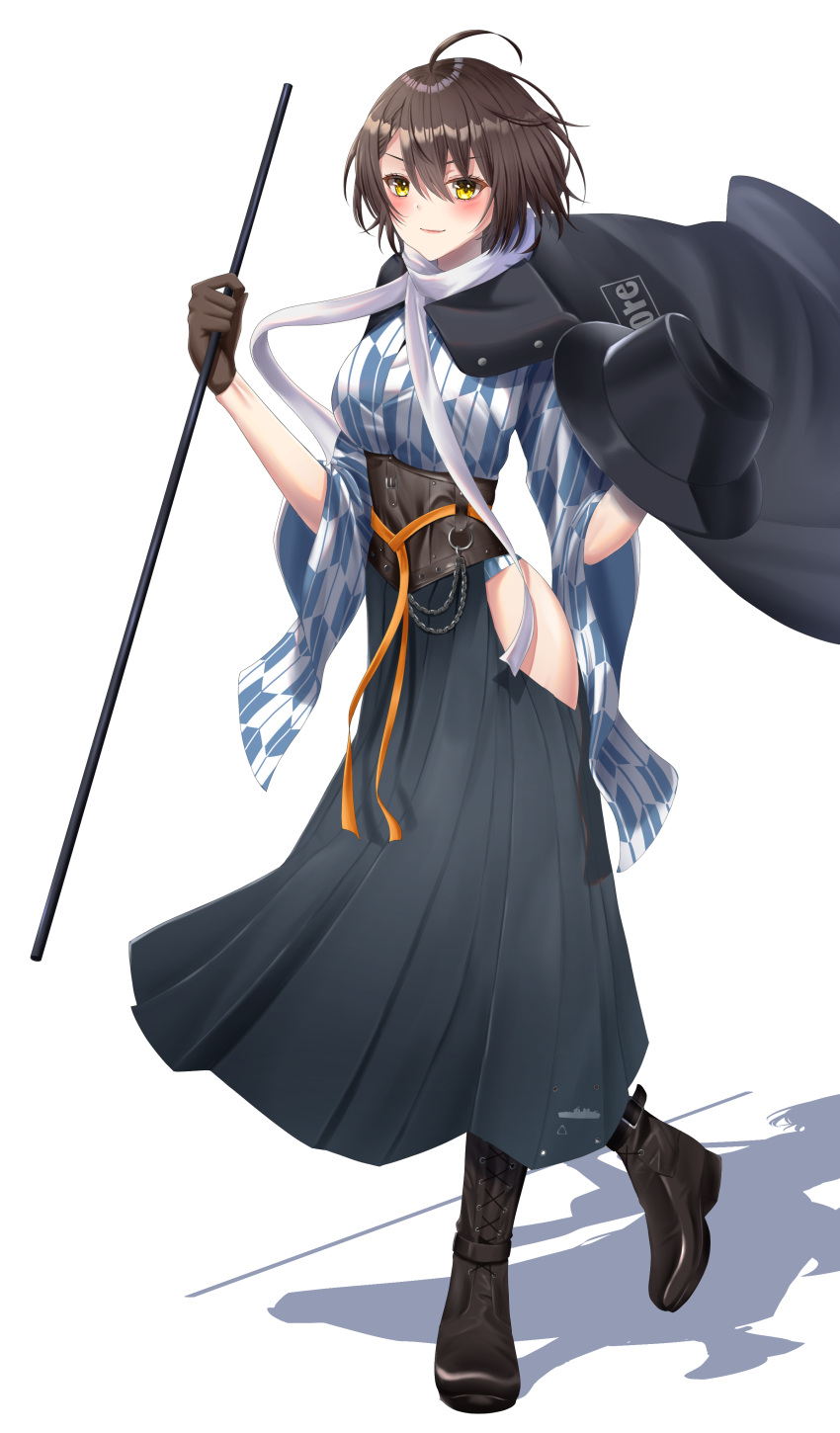 1girl absurdres ahoge azur_lane baltimore_(ace's_travel_journal)_(azur_lane) baltimore_(azur_lane) bangs black_cape black_gloves black_headwear blue_skirt blush boots braid breasts brown_hair cape commentary_request corset cross-laced_footwear eyebrows_visible_through_hair fedora french_braid full_body gloves hair_between_eyes hakama_skirt hat high-waist_skirt highres hip_vent holding holding_clothes holding_hat holding_staff japanese_clothes knee_boots konparu_uran large_breasts long_skirt looking_at_viewer official_alternate_costume scarf shadow short_hair sidelocks simple_background skirt smile solo staff standing standing_on_one_leg tagme white_background white_scarf wide_sleeves yagasuri yellow_eyes