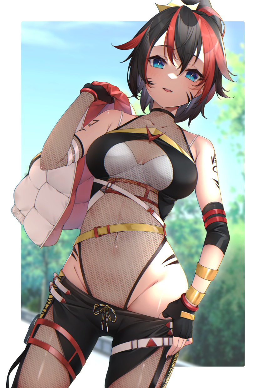 1girl black_gloves black_hair blue_eyes blue_sky breasts clouds commission copyright_request covered_navel day fingerless_gloves fishnets gloves highres izumi_kei looking_at_viewer medium_breasts multicolored_hair outdoors redhead short_hair shoulder_tattoo skeb_commission sky smile solo tattoo two-tone_hair