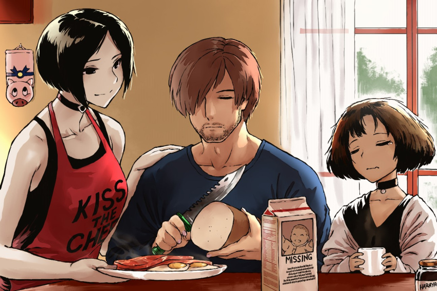 1boy 2girls ada_wong apron beard black_hair bread brown_hair closed_eyes coffee_cup collar crossover cup disposable_cup egg facial_hair food hair_over_one_eye haraya_manawari knife leon_s_kennedy leon_the_professional looking_at_another mathilda_lando milk_carton multiple_girls namesake red_apron resident_evil resident_evil_6 short_hair sitting smile table window