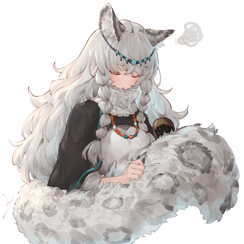 1girl animal_ear_fluff animal_ears arknights bangs black_cape blush cape circlet closed_eyes eyebrows_visible_through_hair highres io_(io_oekaki) jewelry large_tail leopard_ears leopard_girl leopard_tail long_sleeves necklace open_mouth pramanix_(arknights) simple_background solo squiggle tail tail_brushing turtleneck upper_body white_background