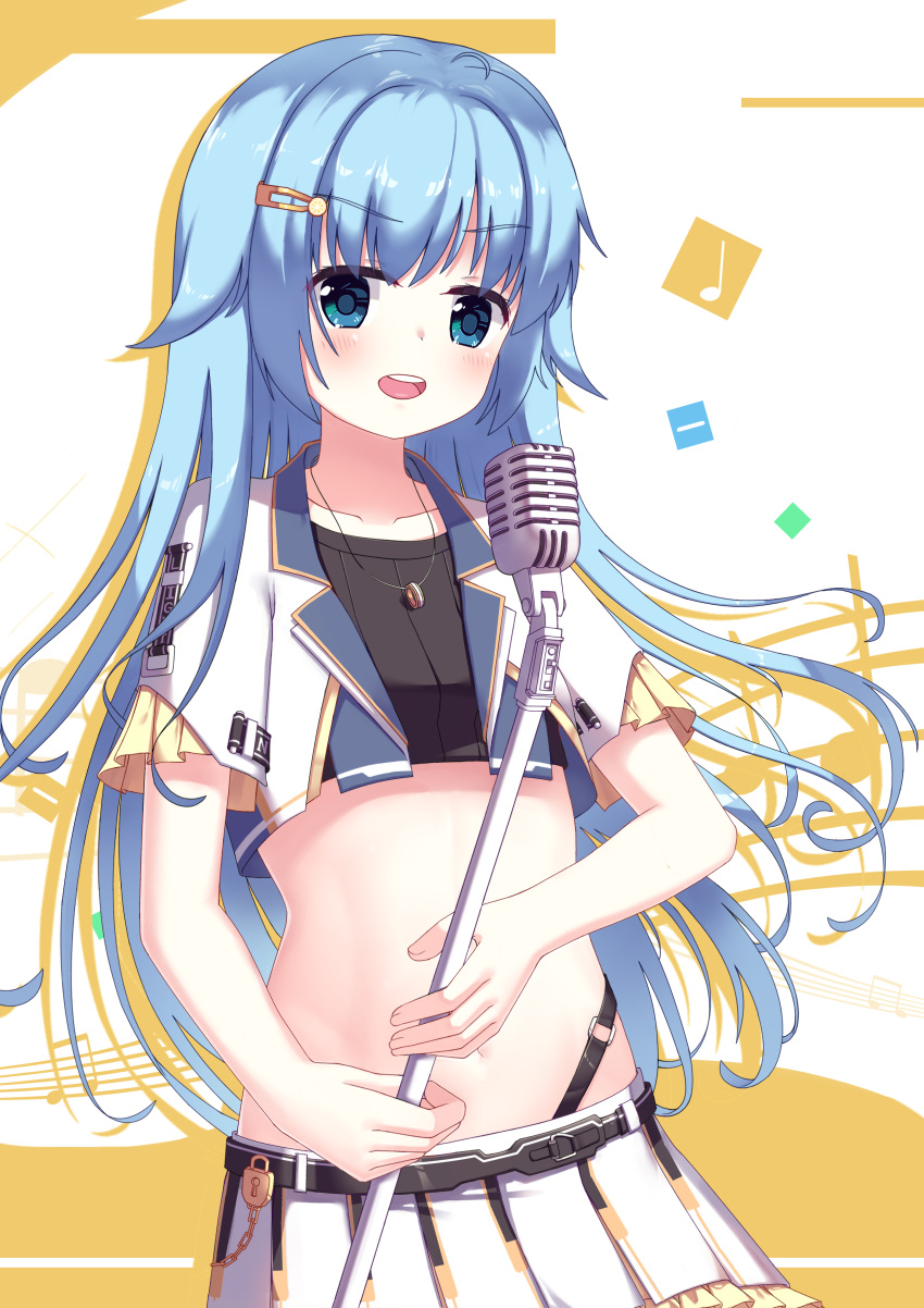 1girl absurdres bangs blue_eyes blue_hair blush cowboy_shot crop_top eyebrows_visible_through_hair hair_ornament hairclip highres jewelry long_hair looking_at_viewer midriff musical_note navel open_clothes open_mouth open_shirt original pendant pleated_skirt ruan_qin shirt short_sleeves skirt solo stomach very_long_hair white_background white_shirt white_skirt