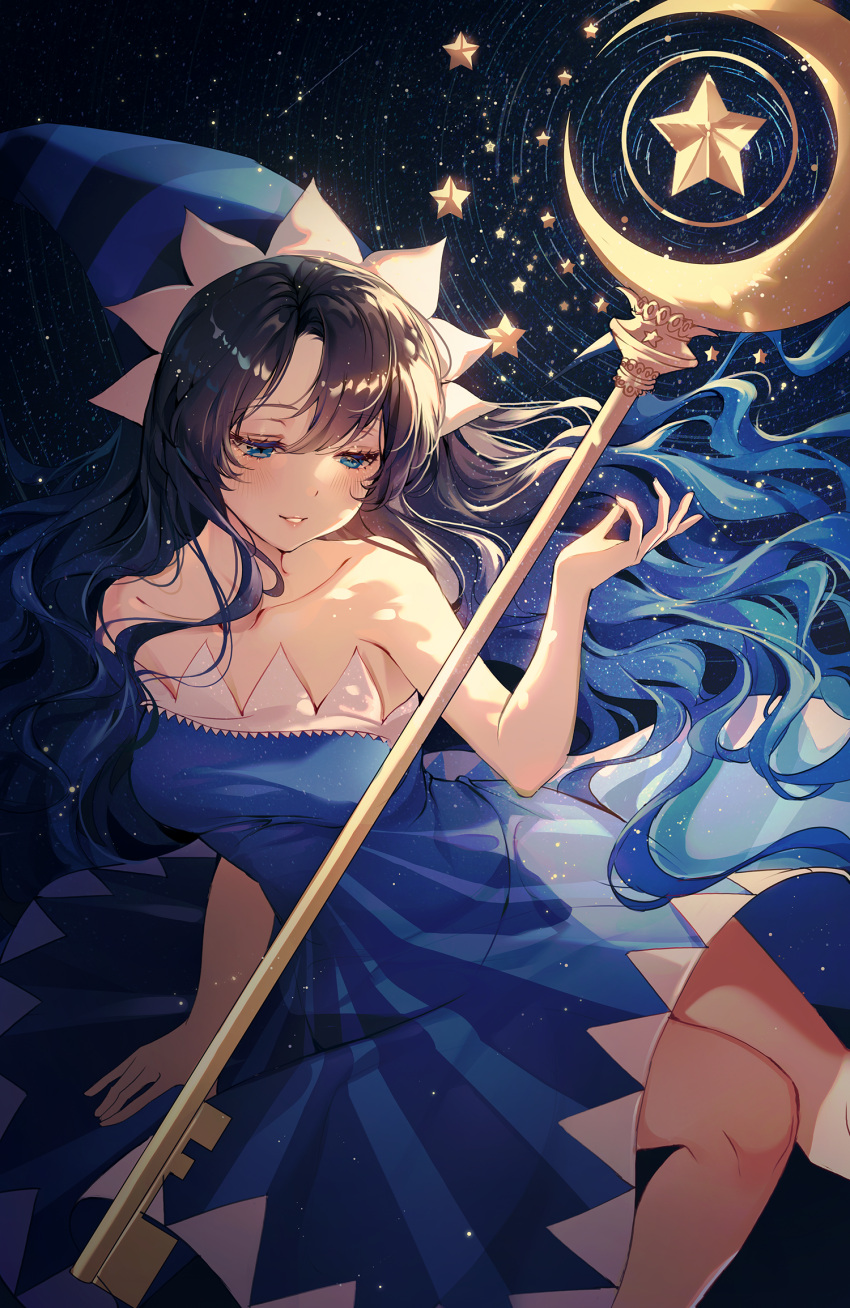 1girl bare_arms bare_shoulders black_hair blue_dress blue_eyes blue_hair blue_headwear collarbone cookie_run crescent dress eyebrows_visible_through_hair floating floating_hair floating_object gradient_hair half-closed_eyes hand_up hat highres humanization light_trail long_hair moonlight_cookie multicolored_hair shiny shiny_hair solo sparkle staff star_(sky) star_(symbol) star_trail strapless strapless_dress ttosom two-tone_hair very_long_hair wavy_hair