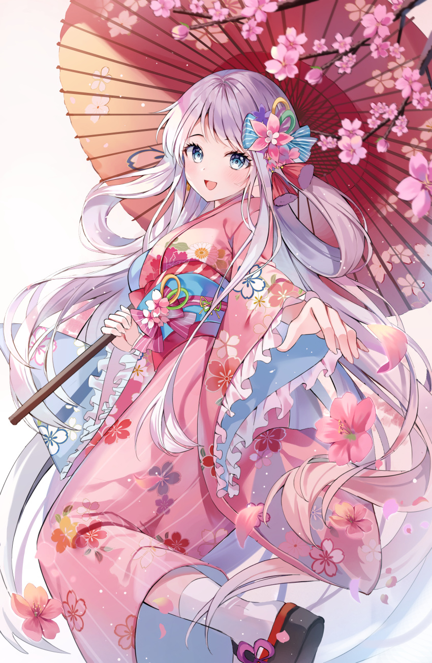 1girl :d absurdres auro_drm bangs blue_eyes blush bow cherry_blossoms floral_print flower hair_bow hair_flower hair_ornament hair_rings highres holding holding_umbrella honkai_(series) honkai_impact_3rd huge_filesize japanese_clothes kimono long_hair long_sleeves looking_at_viewer obi oil-paper_umbrella okobo open_mouth outstretched_hand petals pink_flower pink_kimono sash silver_hair smile socks solo theresa_apocalypse umbrella very_long_hair white_background white_legwear wide_sleeves