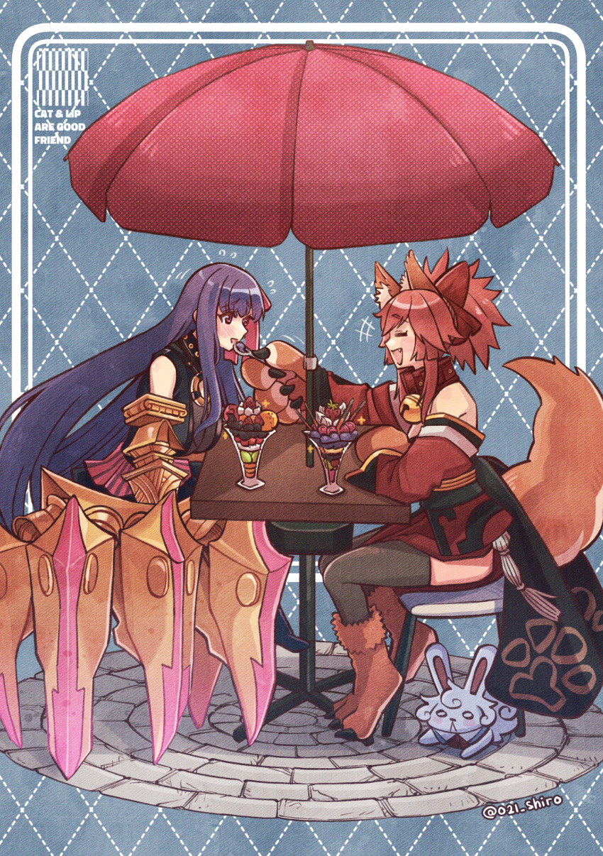 021_shiro 2girls absurdres animal_ear_fluff animal_ears bell breasts cat_paws cherry claw_(weapon) claws closed_eyes collar eating eyebrows_visible_through_hair fang fate/grand_order fate_(series) feeding food fou_(fate) fox_ears fox_girl fox_tail fruit gigantic_breasts gloves hair_ribbon highres holding holding_spoon huge_breasts huge_filesize ice_cream incoming_food jingle_bell multiple_girls neck_bell o-ring o-ring_top open_mouth orange_(food) parfait passionlip_(fate) paw_gloves paw_shoes paws pink_eyes pink_hair pink_ribbon pocky purple_hair ribbon riyo_(lyomsnpmp)_(style) shoes spoon strawberry sundae tail tamamo_(fate)_(all) tamamo_cat_(fate) weapon