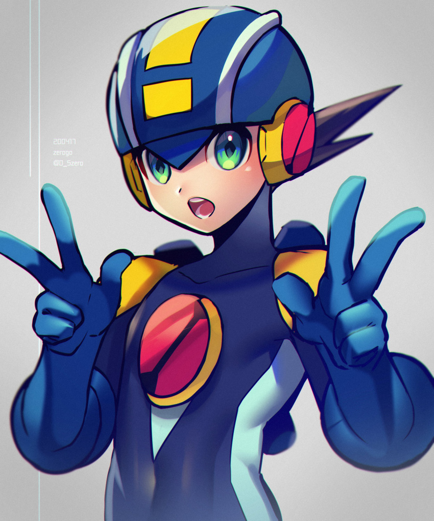 1boy :o absurdres artist_name blue_bodysuit blue_headwear bodysuit brown_hair commentary_request covered_collarbone covered_navel dated double_w green_eyes grey_background hands_up helmet highres looking_at_viewer male_focus netnavi open_mouth rockman rockman_exe rockman_exe_(character) short_hair solo teeth twitter_username upper_body w zero-go