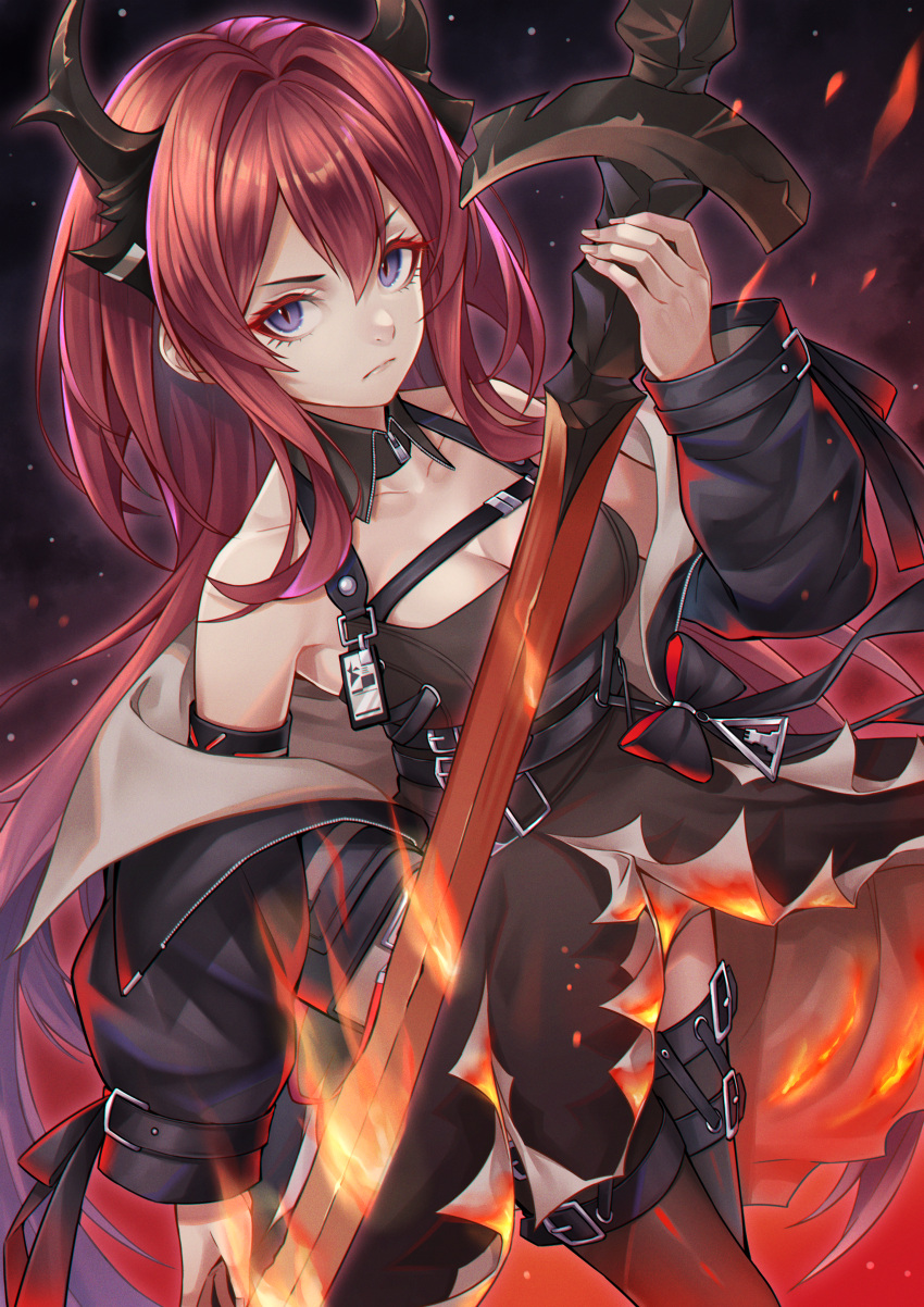 1girl absurdres arknights bangs bare_shoulders belt black_belt black_jacket black_legwear commentary hair_intakes highres holding holding_sword holding_weapon huge_filesize jacket long_hair long_sleeves looking_at_viewer noro_assumed open_clothes open_jacket redhead solo surtr_(arknights) sword thigh-highs thigh_strap violet_eyes weapon