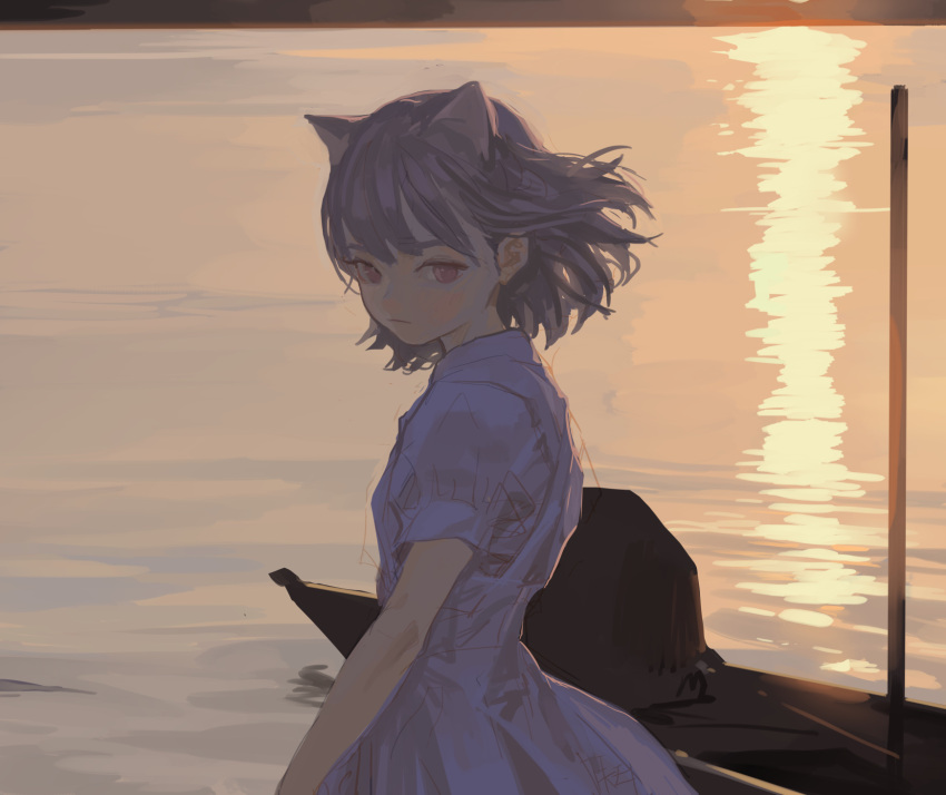 1girl animal_ears bangs canoe cat_ears dress fkey highres looking_at_viewer looking_to_the_side original pink_eyes shadow short_hair short_sleeves solo sunset upper_body water white_hair