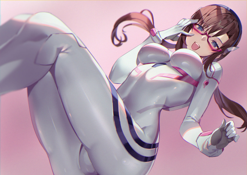 1girl ass blue_eyes bodysuit breasts brown_hair covered_navel evangelion:_3.0+1.0_thrice_upon_a_time glasses long_hair looking_at_viewer makinami_mari_illustrious medium_breasts neon_genesis_evangelion open_mouth plugsuit rebuild_of_evangelion red-framed_eyewear shiny shiny_clothes shiny_hair skin_tight smille solo teeth twintails white_bodysuit yoshimoto_(dear_life)