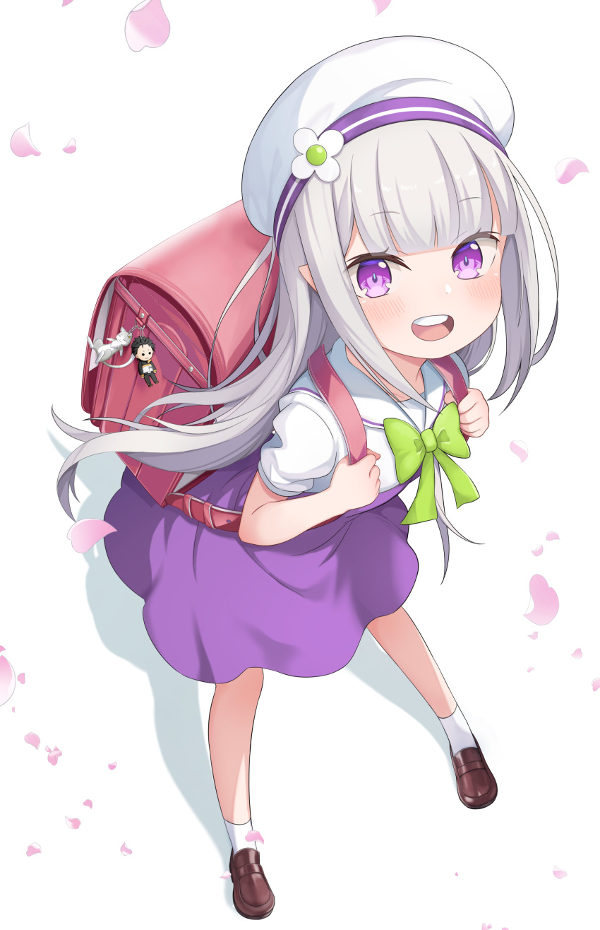 1girl :d absurdres backpack bag bangs beret blush bow bowtie brown_footwear cherry_blossoms commentary_request echiru39 emilia_(re:zero) eyebrows_visible_through_hair from_above full_body green_bow hat highres holding_strap keychain leaning_forward loafers long_hair looking_at_viewer open_mouth partial_commentary petals pointy_ears purple_skirt randoseru re:zero_kara_hajimeru_isekai_seikatsu round_teeth sailor_collar school_uniform shadow shoes sidelocks silver_hair skirt smile socks solo standing teeth violet_eyes white_background white_headwear white_legwear younger