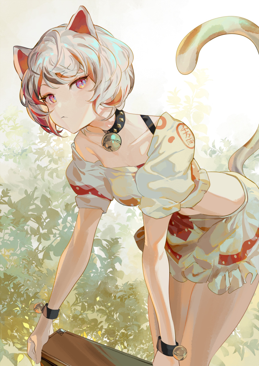 1girl :&lt; animal_ears bangs bare_shoulders bell black_collar breasts cat_ears cat_tail closed_mouth collar collarbone eyebrows_visible_through_hair feet_out_of_frame goutokuji_mike highres hillly_(maiwetea) holding jingle_bell leaf leaf_background leaning_forward looking_at_viewer medium_breasts midriff multicolored_hair navel off-shoulder_shirt off_shoulder pink_eyes puffy_short_sleeves puffy_sleeves shirt short_hair short_sleeves shorts skirt solo standing streaked_hair swept_bangs tail touhou white_shorts wristband