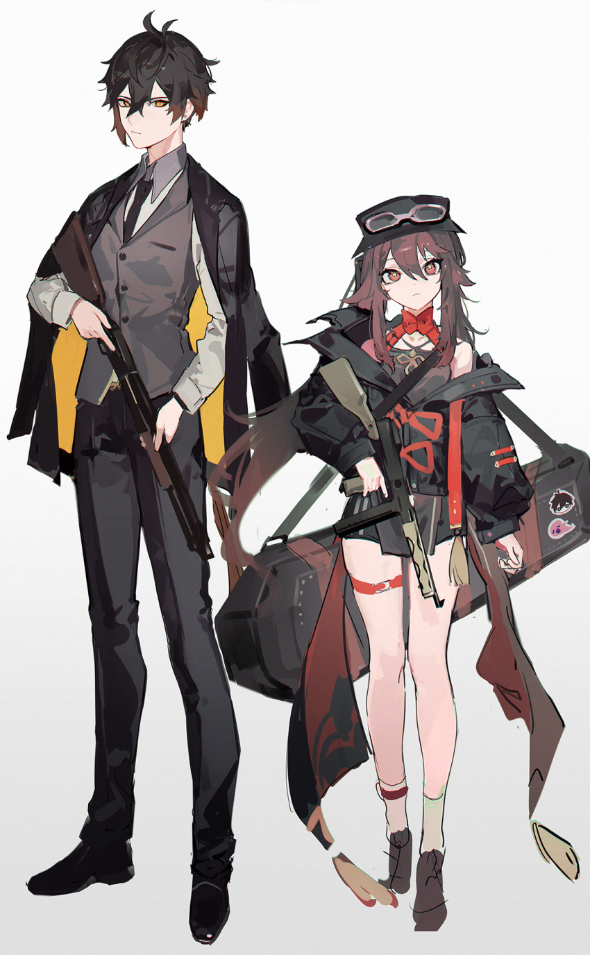 1boy 1girl alternate_costume bag bare_shoulders black_hair black_jacket black_pants black_shorts brown_hair business_suit coat eyewear_on_headwear formal full_body genshin_impact gun hat highres holding holding_gun holding_weapon hu_tao jacket long_sleeves looking_at_viewer necktie open_clothes pants red_eyes short_shorts shorts smile standing suit twintails u_tnmn weapon yellow_eyes zhongli_(genshin_impact)