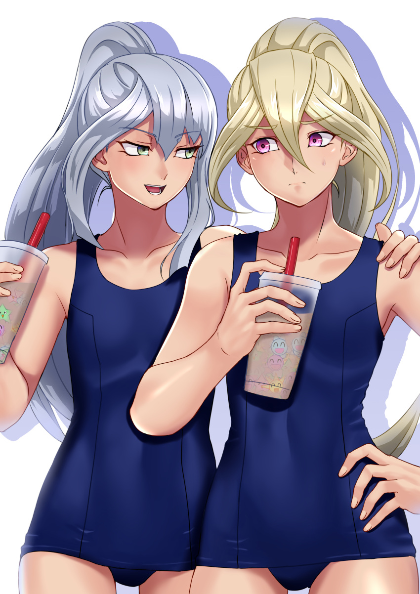 2girls absurdres blonde_hair breasts cup drink drinking_straw eyebrows_visible_through_hair gloria_tyler grace_tyler green_eyes hair_between_eyes hand_on_another's_shoulder hand_on_hip highres holding holding_drink long_hair multiple_girls muto_dt school_swimsuit shadow siblings silver_hair simple_background sisters small_breasts swimsuit twins violet_eyes white_background yu-gi-oh! yu-gi-oh!_arc-v