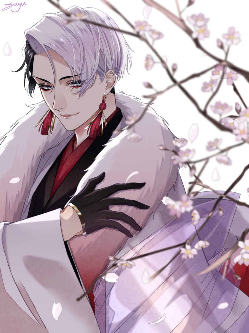 1boy alternate_costume artist_name black_gloves black_hair blurry blurry_foreground closed_mouth commentary_request divus_crewel earrings eyebrows_visible_through_hair eyeliner eyes_visible_through_hair eyeshadow flower fur_trim fuyu_tomatomato gloves grey_eyes half_gloves highres japanese_clothes jewelry kimono light_smile long_sleeves makeup male_focus multicolored_hair new_year petals short_hair signature solo tassel tassel_earrings tree_branch twisted_wonderland two-tone_hair white_hair wide_sleeves