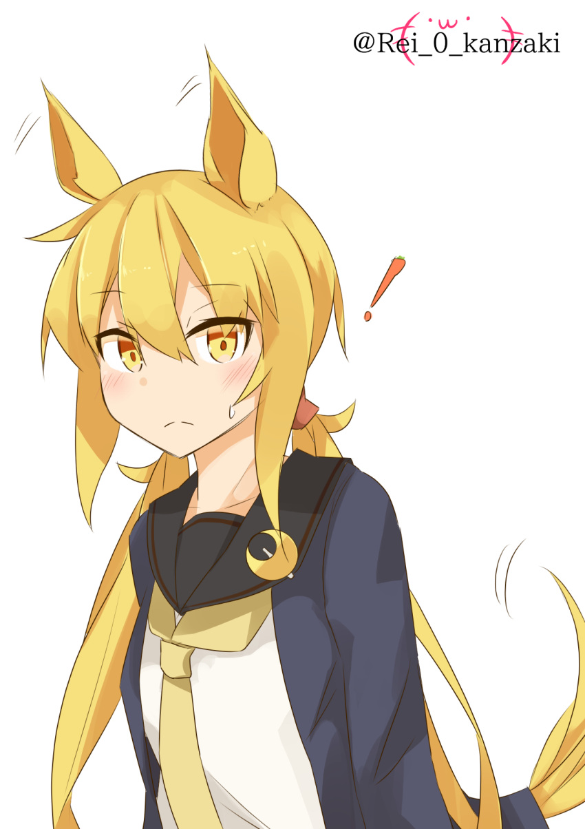 ! 1girl animal_ears black_cardigan black_sailor_collar blonde_hair cardigan closed_mouth crescent_moon etsuransha_no_rei eyebrows_visible_through_hair hair_between_eyes highres horse_ears horse_tail kantai_collection long_hair long_sleeves low_twintails moon motion_lines neckerchief remodel_(kantai_collection) sailor_collar satsuki_(kancolle) simple_background solo tail twintails twitter_username upper_body white_background yellow_eyes yellow_neckwear
