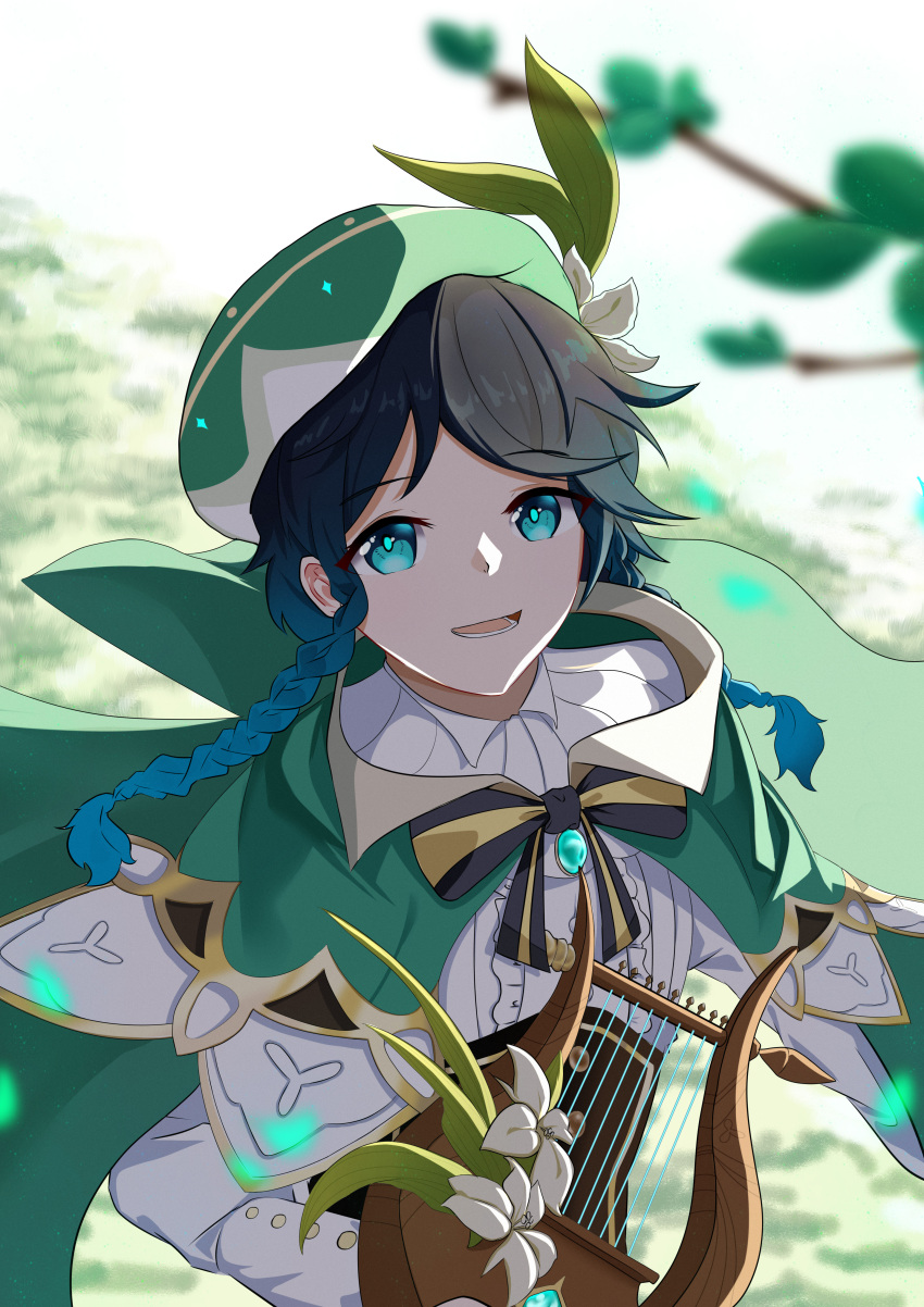 1boy absurdres androgynous bangs beret black_hair blue_eyes blue_hair blurry blurry_foreground bow braid brooch cape collared_cape collared_shirt corset eyebrows_visible_through_hair flower frilled_sleeves frills gem genshin_impact gradient_hair green_eyes green_headwear hat hat_flower highres huang_cheng_yu huge_filesize jewelry leaf long_sleeves looking_at_viewer lyre male_focus multicolored_hair open_mouth shirt short_hair_with_long_locks smile solo tree_branch twin_braids venti_(genshin_impact) white_flower white_shirt