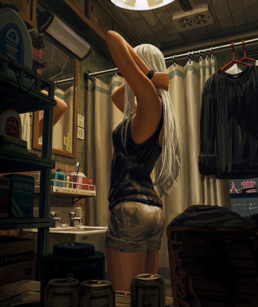 1girl absurdres ass bare_shoulders black_shirt black_tank_top breasts clothes_hanger commentary curtains facing_away from_side grey_shorts guweiz highres indoors long_hair mirror neon_lights original reflection shirt shirt_removed short_shorts shorts small_breasts solo symbol_commentary tank_top tile_wall tiles toothbrush very_long_hair white_hair window