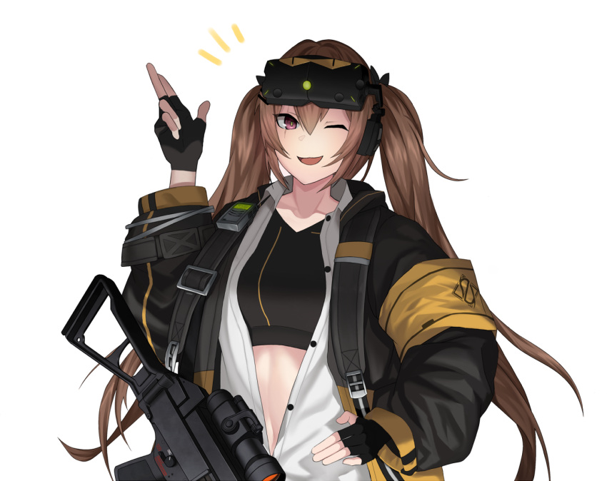 1girl black_gloves bodysuit breasts brown_hair cero_(last2stage) eyebrows_visible_through_hair eyewear_on_head fingerless_gloves girls_frontline gloves gun h&amp;k_ump hand_up index_finger_raised jacket long_hair looking_at_viewer one_eye_closed open_clothes open_jacket open_mouth open_shirt over_shoulder scar scar_across_eye shirt smile solo submachine_gun twintails ump9_(girls_frontline) violet_eyes weapon weapon_over_shoulder white_background white_shirt