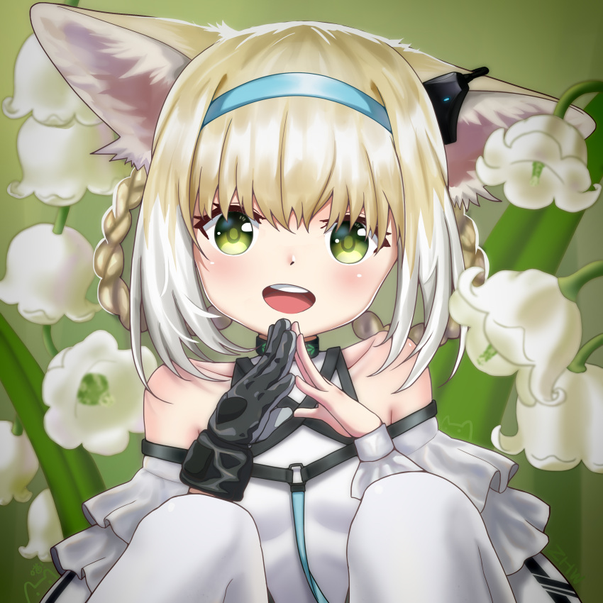 1girl :d absurdres animal_ear_fluff animal_ears arknights bangs bare_shoulders black_gloves blue_hairband braid breasts clothing_cutout collarbone commentary_request flower fox_ears gloves green_eyes hair_between_eyes hair_rings hairband highres knees_up light_brown_hair lily_of_the_valley looking_at_viewer multicolored_hair open_mouth pantyhose shirt shoulder_cutout small_breasts smile solo steepled_fingers suzuran_(arknights) twin_braids two-tone_hair upper_teeth white_flower white_hair white_legwear white_shirt
