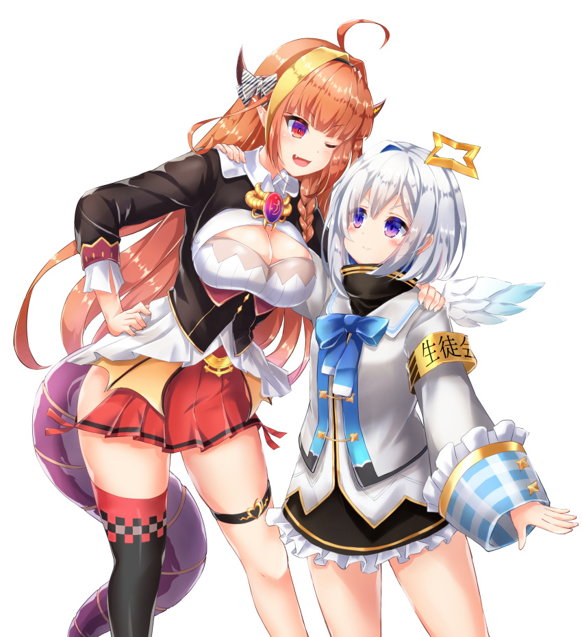 2girls absurdres amane_kanata angel_wings blush dog_tail dragon_girl dragon_horns eye_contact halo hand_on_shoulder highres hololive horns kiryu_coco looking_at_another multiple_girls orange_hair silver_hair simple_background size_difference smile star_halo tail virtual_youtuber white_background wings yukikawa_sara